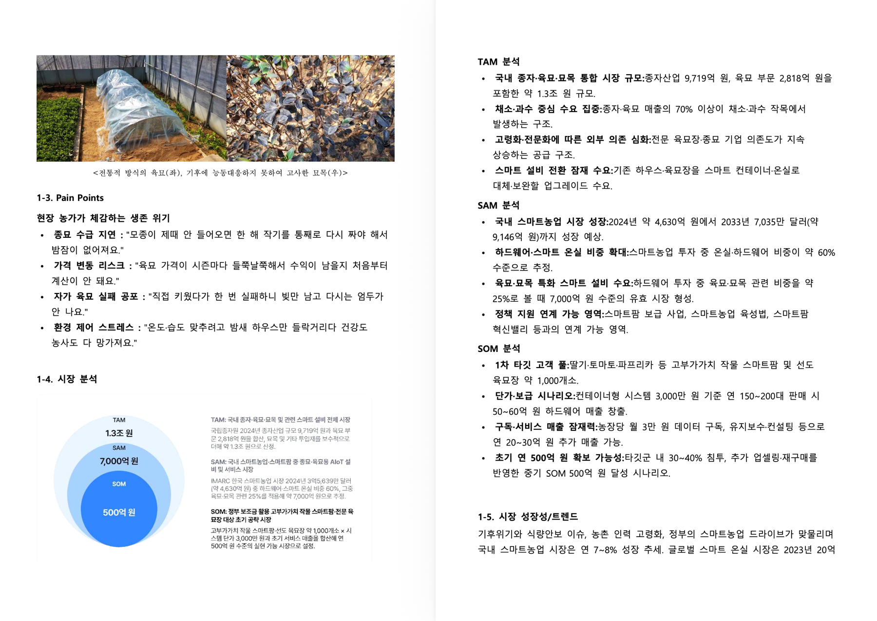 현장 농가의 문제와 TAM, SAM, SOM 시장 분석을 정리한 사업계획서 화면